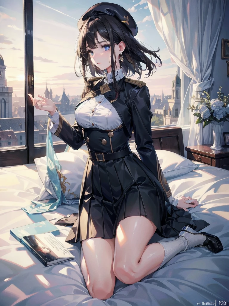 absurdres, RAW photo, extremely delicate and beautiful, masterpiece, Best Quality, ultra high resolution, 32k, hyperrealistic, ultra-detailed, delicate facial features, beautiful detailed woman, tearful mole, earring, medium breasts, full body shot, medium hair, black hair, beret, skirt, military uniform,