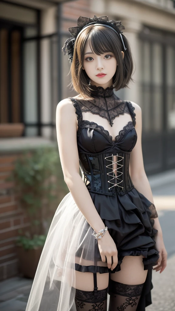 Female figure, She wears a complex visual kei gothic ta outfit.,Gothic Makeup, A perfect blend of elegance and rebellion. His outfit features a luxurious lace combination., corset, Elaborate accessories, Ornately decorated. dark, His flowing hair cascades down his shoulders, Add an air of mystery. Dark eyeliner makes your eyes stand out, Complete the avant-garde look. This woman is the embodiment of visual kei gothic loliIt exudes an aura of theatrical decadence., Challenging traditional fashion norms with a captivating androgynous look.,Beautiful girls,Goth,(Highest quality, Very detailed, masterpiece:1.2), 1 women, Very thin body, length, Thin legs, ((Black layered short hair:1.2)), ((Thick and fluffy bangs)), Very detailedな顔,A faint smile, small, Thin Nose, small thin mouth, Extremely sharply focused eyes, Japanese, Beautiful Face, Realistic eyes, Beautiful and beautiful eyes, Realistic Skin, Beautiful Skin, charm, (A vivid face),