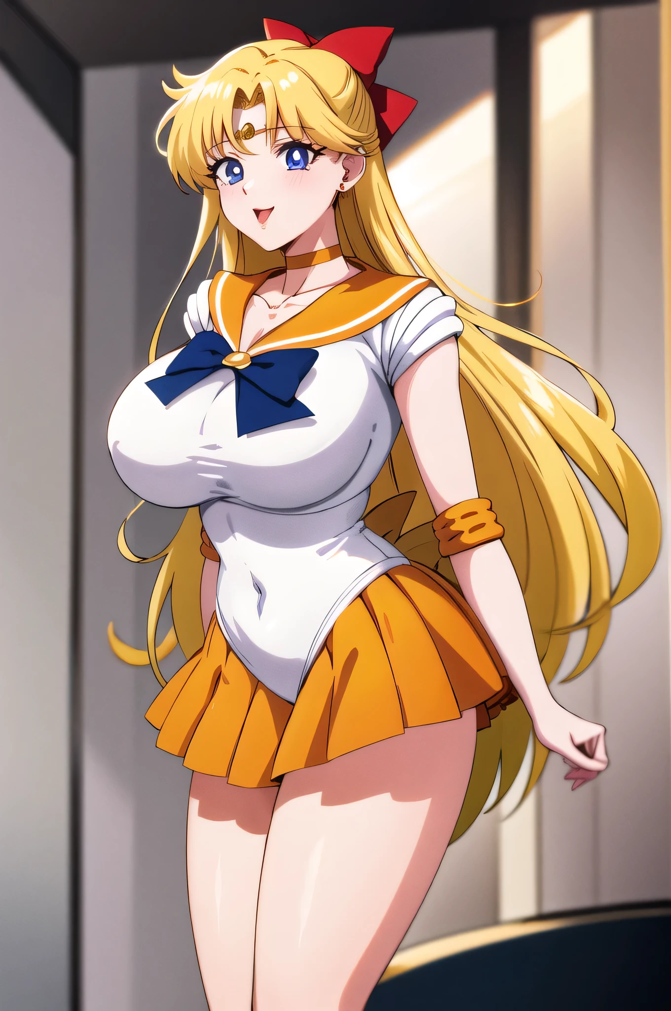 masterpiece、Highest quality、High resolution、((Anime Auntie、43 years old))、Sailor Venuature Woman、solo、Long Hair、bionde、Sailor Warrior Uniforms、Orange skirt、Golden Skirt、Elbow hand pockets、A golden circlet on the forehead、Orange sailor collar、Gold sailor collar、purple bowtie、White leotard、High leg leotard、White Dress、red head bow、orange choker、Golden choker、White gloves、jewelry、mini skirt、Pleated skirt、Cowboy Shot、Big Breasts、A woman with very large breasts、collarbone、Are standing、(sexy boy:1.3)、(1990s \(style\):0.9)、