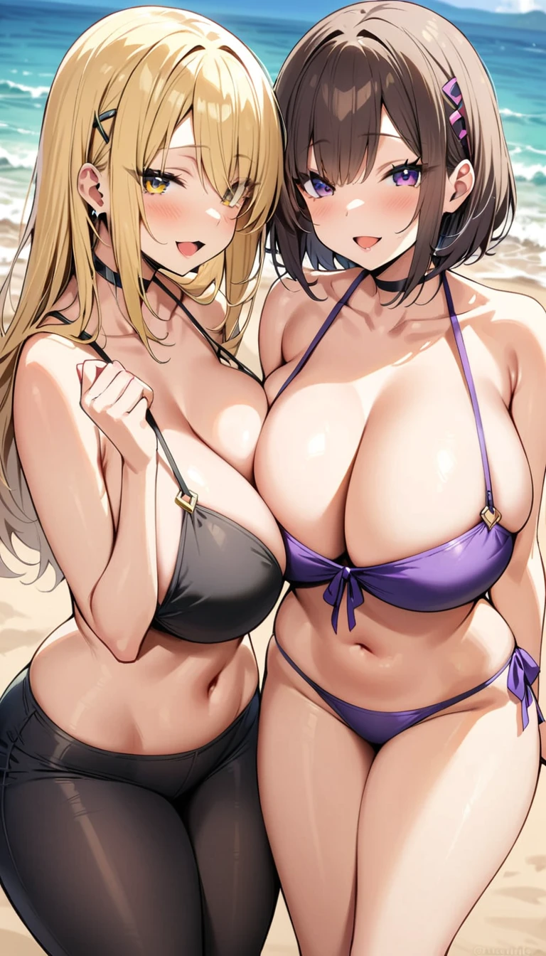 ((Best Quality)), ((Masterpiece)), (detailed), 2 girl, dark brown hair, broad, yellow eyes, eyelids sewn in blue, big breasts, big thighs, I expressed a flirtatious smile, black tight bikini, Pastel yellow hair, wide, hair covers one eye, purple eyes, big breasts, big thighs, I expressed smiling, Open mouth, blush, purple tight bikini, on the beach, looking at the viewer