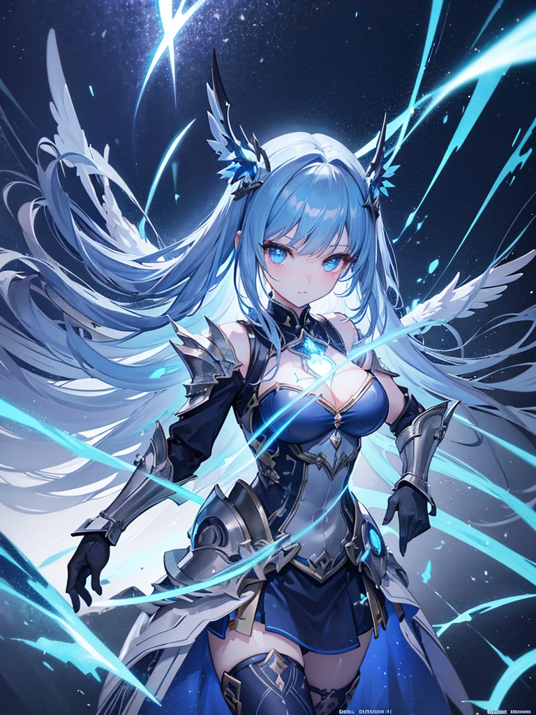 thunderstorm, bright flashes, stormy dark night with bright flashes, Angry young goddess of thunder in a sparkling dark blue fantasy moon armor with wings floats before a thunderstorm, her eyes shine brightly, her hands spray twinkling dark blue flashes, dark blue flashing wings, bright flashes und Funken, Anime Goddess of the Night, Unreal-Engine-Rendering + a goddess, 3 d render character art 8 k, render of a cute 3d anime girl, artgerm, 3D-Unreal-Engine, Anime very detailed, 8k high quality detailed art, Goddess of Thunder. extremely high details, photorealistic anime girl render, night goddess