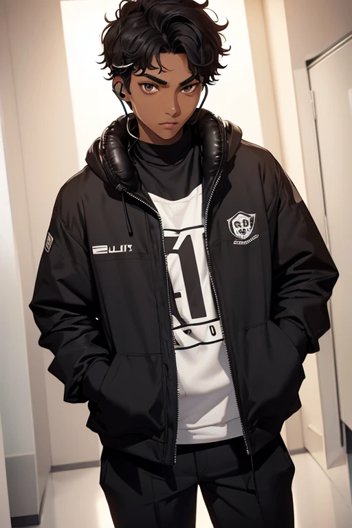 (alone boy), (1 boy), (16 year old teenager), (average physical height of a 16 year old teenager), (height 1.80), (young man), (short curly black hair), ( dark skin clay5:1.5), (Wearing), +, (stylish black pants and stylish black jacket), (facial features that resemble the person in the photo: round face, medium-sized brown eyes, thick eyebrows and medium hair, big nose) , (slightly plump lips), (wearing headphones)
