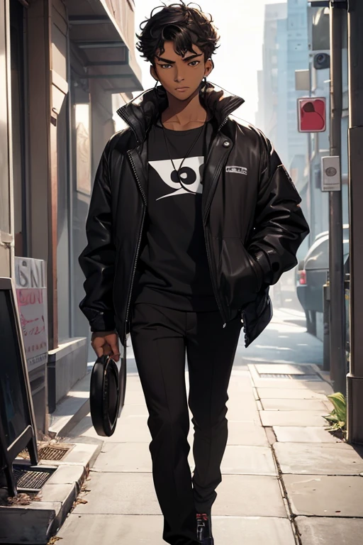 (alone boy), (1 boy), (16 year old teenager), (average physical height of a 16 year old teenager), (height 1.80), (young man), (short curly black hair), ( dark skin clay5:1.5), (Wearing), +, (stylish black pants and stylish black jacket), (facial features that resemble the person in the photo: round face, medium-sized brown eyes, thick eyebrows and medium hair, big nose) , (slightly plump lips), (wearing headphones)