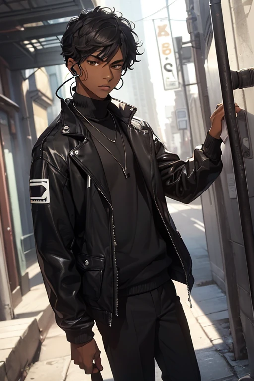 (alone boy), (1 boy), (16 year old teenager), (average physical height of a 16 year old teenager), (height 1.80), (young man), (short curly black hair), ( dark skin clay5:1.5), (Wearing), +, (stylish black pants and stylish black jacket), (facial features that resemble the person in the photo: round face, medium-sized brown eyes, thick eyebrows and medium hair, big nose) , (slightly plump lips), (wearing headphones) 