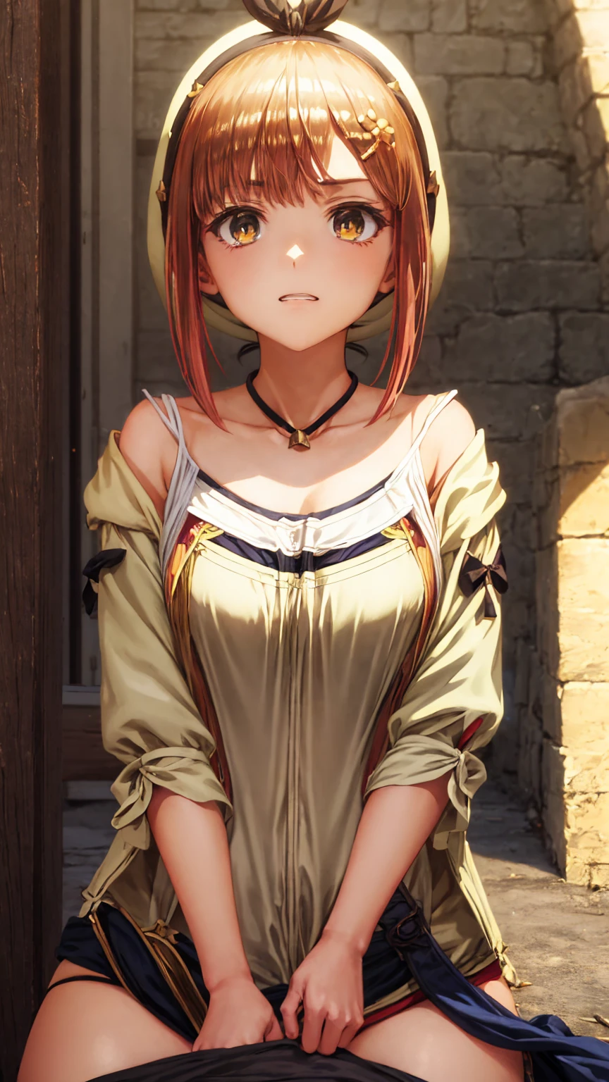 woman masturbating、slouch、Super detailed、Particles of light:0.5、Beautiful Eyeouth half open、Natural Texture、Reisalin "Ryza" Stout (Lizalynn Stout) - Atelier Ryza: Ever Darkness & the Secret Hideout The Animation (Ryza no Atelier: Tokoyami no Joou to Himitsu no Kakurega) (Atelier Ryza ~The Queen of Darkness and her Secret Hideout~) - COMMISSION、、Off the shoulder、sexual temptation、White clothes