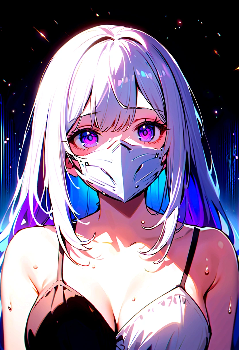 1 Girl, White hair, Colorful hair, Purple Eyes, mask, Side Light, Light Particles, Sweating