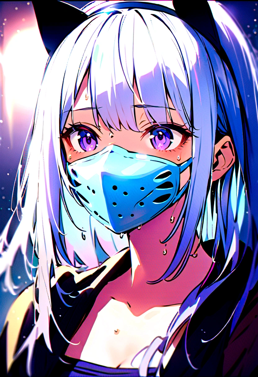 1 Girl, White hair, Colorful hair, Purple Eyes, mask, Side Light, Light Particles, Sweating