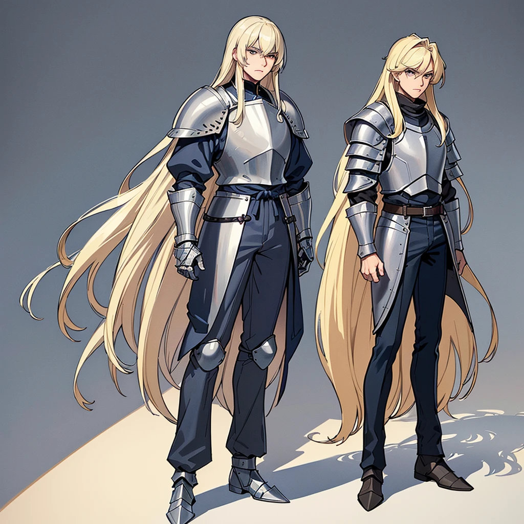 (Full body character concept)、((((Solo))))、Highest quality, Best Quality, Best illustrations, (((Grey Armor)))、(((Blond long hair man、Long-haired man、male、24-years-old、Cool guy)))、(Medieval Knight)、(Navy blue trousers)、(get annoyed)、(Living in the desert)、(White background)、walk