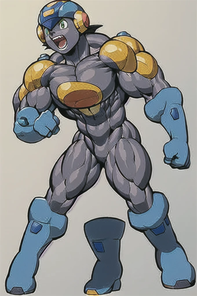 blue boots , yellow shoulder pads, blue helmet , brond hair , green eyes, blue suit, 1 boy, full body, masculine, muscular, happy, megaman, megaman. exe , pokkuti ,muscle , bodybuilder ,hypermuscle , human , Boy , male , pecs