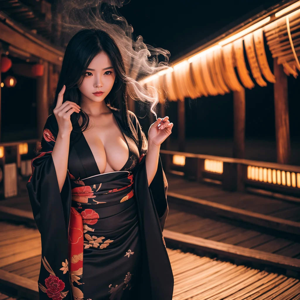 Alone woman Black Hair Long Hair smoke tube kimono Moonlit Night shrine Detailed Background masterpiece Curvy body Accurate human body Accurate 5-finger High contrast 4K Exquisite lighting and shadows Cinema Lens Effects Vibrant colors Majestic