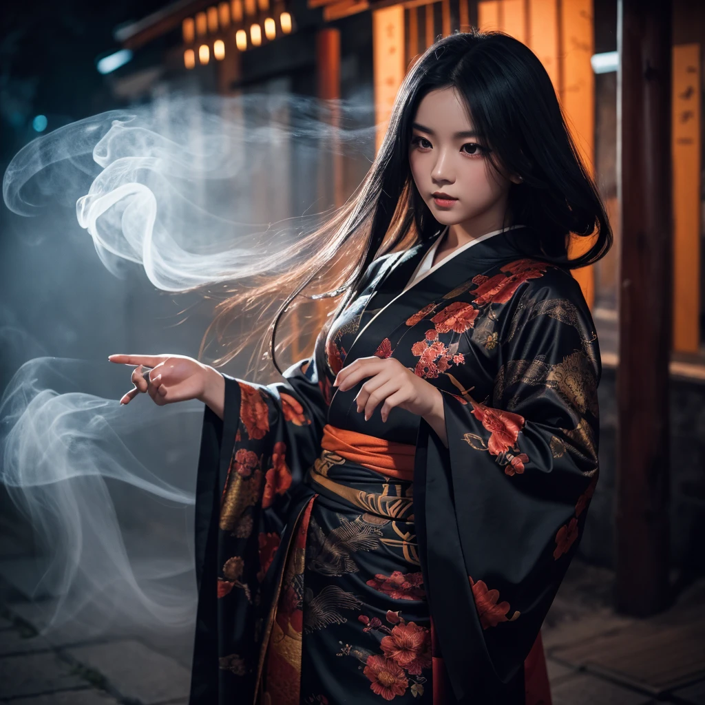 Alone　woman　Black Hair　Long Hair　smoke tube　kimono　Moonlit Night　shrine　Detailed Background　masterpiece　Curvy body Accurate human body Accurate 5-finger High contrast　4K Exquisite lighting and shadows　Cinema Lens Effects　Vibrant colors　Majestic