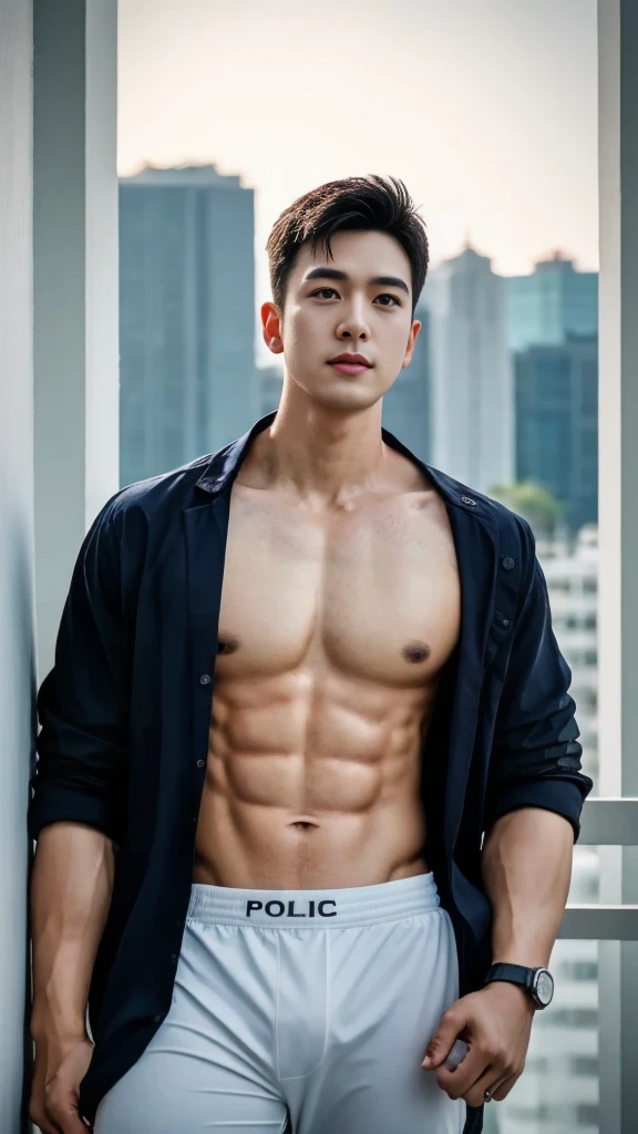 A male police officer in his 20s poses for a group photo....., Wear a white underwear ......................., high resolution, Masterpiece, best quality, head:1.3,((Hasselblad photos)), Smooth and fine skin, clear focus, (movie light), at the beach during the night, gentle light, Dynamic angle, [:(detailed face:1.2):0.2],(((exercise))), sport, His arm muscles were very big.........., hand in crotch.