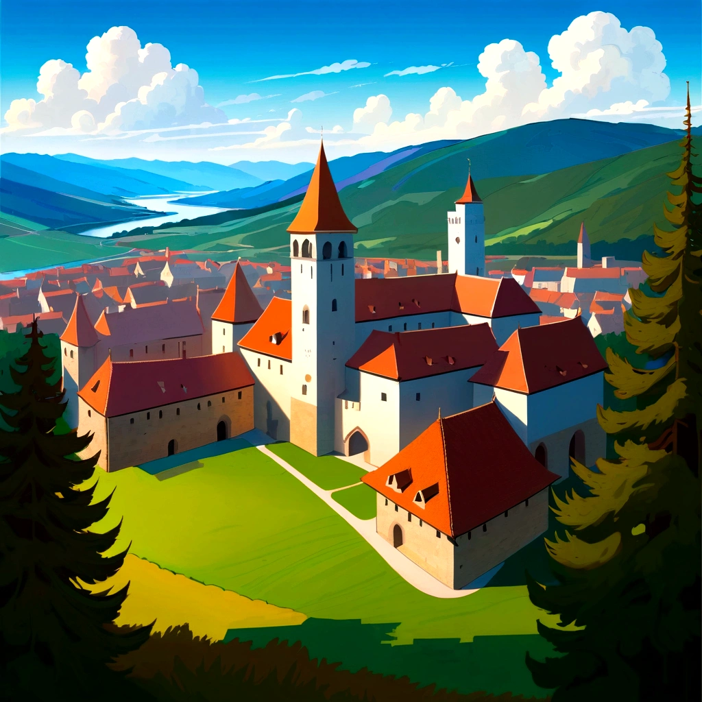 Landscape of the medieval town, Cartoonist illustration, Aerial View, Beautiful sky, Morphing clouds, 1.3:pine, tower.((masterpiece)),((best quality)),((High Detail)),((Practical,)) ((Extremely detailed))