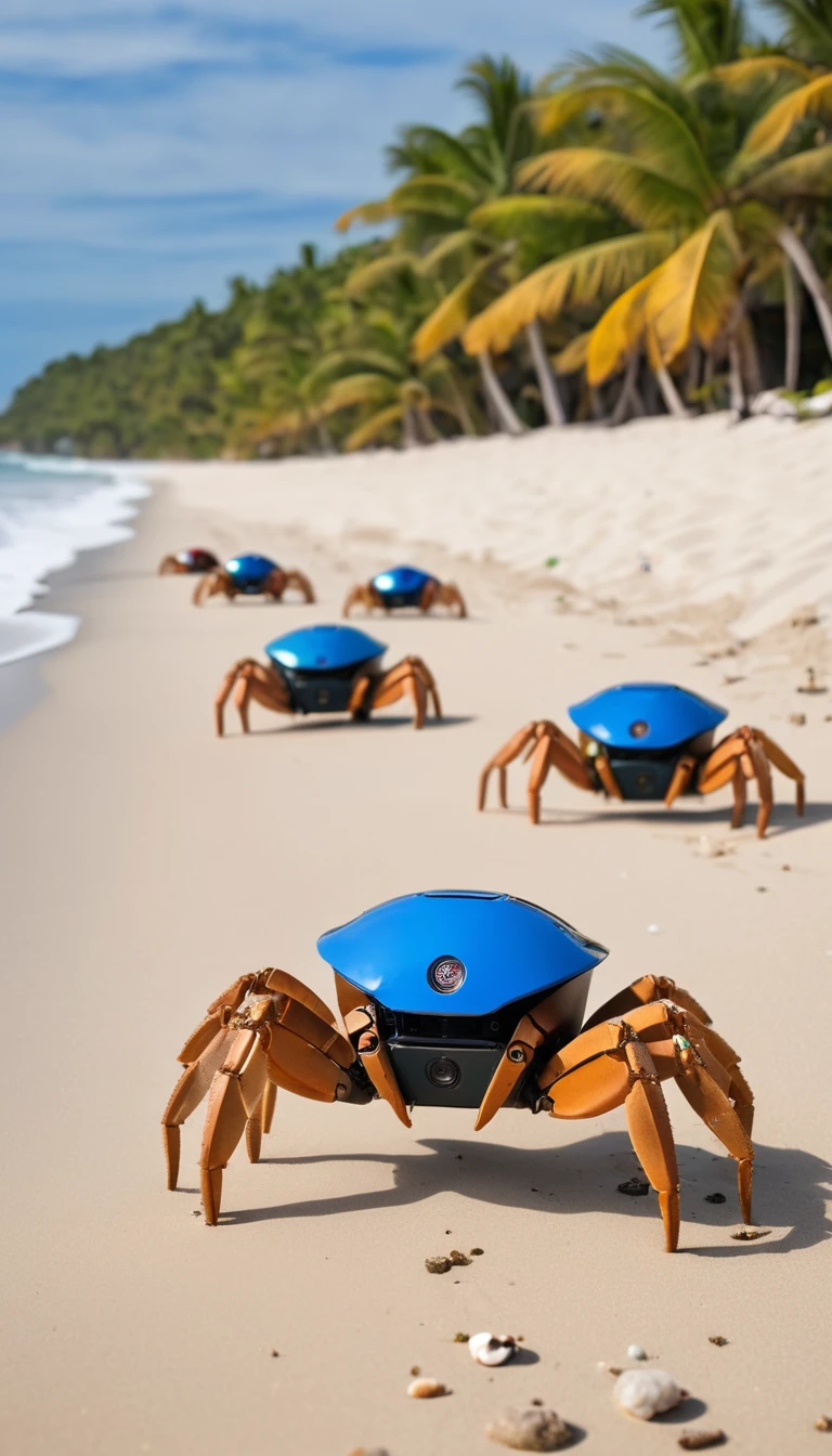 Robot crabs line up on the beach carrying trash