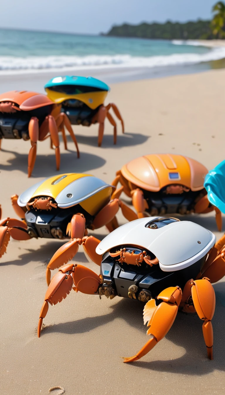 Robot crabs line up on the beach carrying trash