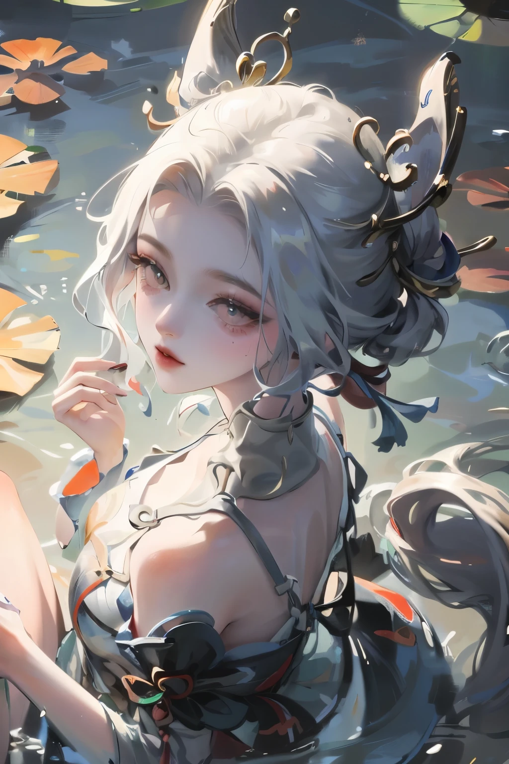 absurd, high resolution, Extremely detailed, (1 Girl:1.3), Hand Painted, Simple lines, 16-year-old girl wearing colorful Chinese Hanfu, Sexy fox ears girl, By the lotus pond, masterpiece, sitting in water, Floating clothes, Flowing hair