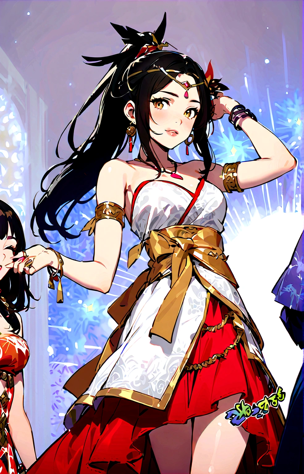 (astrologer), One girl、solo、Black Hair、dress、jewelry、Earrings、necklace、bracelet、Cosplay、fan、Bracelet, Long Hair、Shoulder out、ponytail、Cosplay、ring、Strapless、Armlet, Circlet