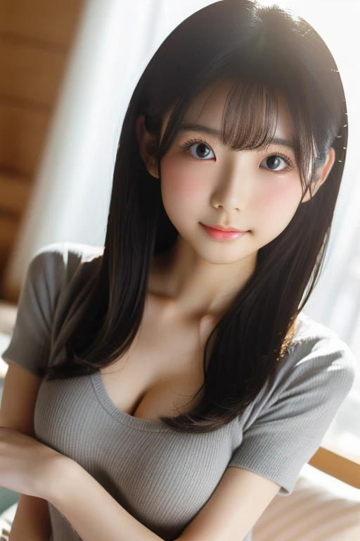 breast squeeze:1.3,Very young Japanese,Grey short sleeve ribbed knit,big breasts,Black Hair,Long Hair,Soft lips,Fine skin,(Glowing Skin),(masterpiece:1.4),(Highest quality:1.4),white background,medium close-up shot,straight-on,