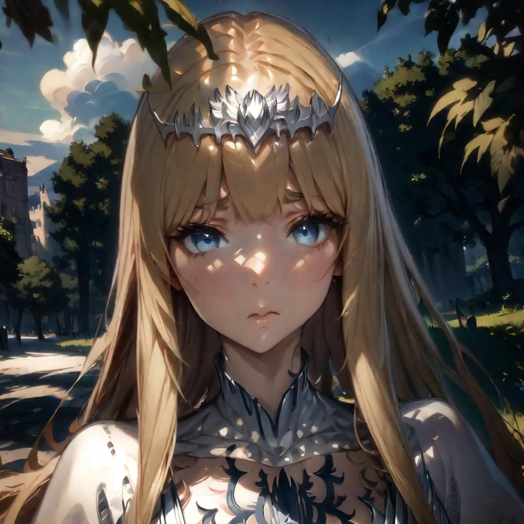 (masterpiece),(best quality),(ultra-detailed),(best illustration),(best shadow),(absurdres),(detailed background),(very aesthetic) portrait, very close-up, 1girl,solo, calca, blonde hair, ,( extremely long hair:1.3), very long hair, extra long hair, white tiara, white dress, blue eyes,Calca Bessarez, medium breast,Calca