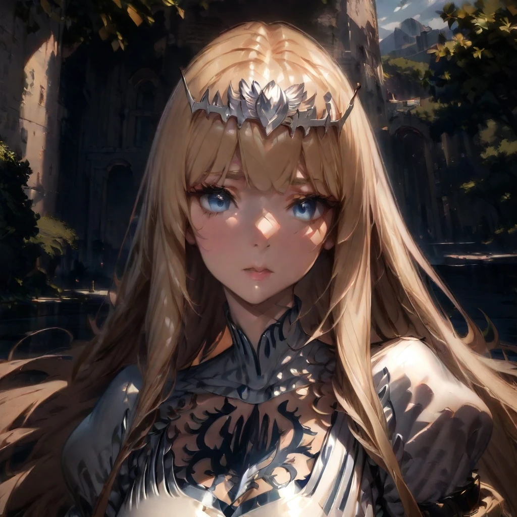 (masterpiece),(best quality),(ultra-detailed),(best illustration),(best shadow),(absurdres),(detailed background),(very aesthetic) portrait, very close-up, 1girl,solo, calca, blonde hair, ,( extremely long hair:1.3), very long hair, extra long hair, white tiara, white dress, blue eyes,Calca Bessarez, medium breast,Calca