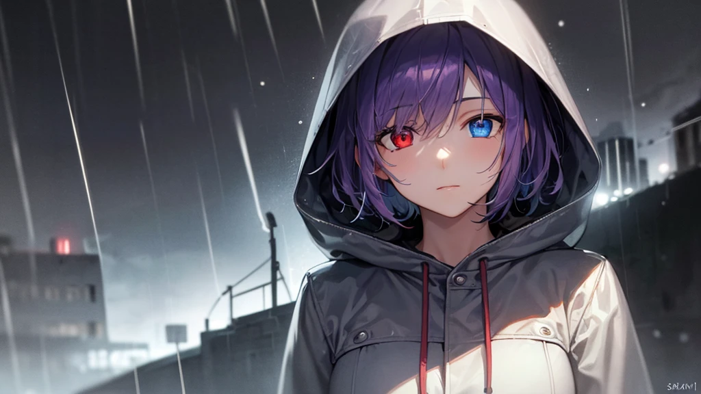 Highest quality, 8K, 4K, High resolution, (Beautifully detailed face), High Contrast,1girl,only,short hair,purple hair,heterochromia(red eyes,blue eyes), beautiful eyes, Slanted Eyes, Moderately sized breasts, A quiet town late at night, Night Rain, Hooded parka, Tragic, Dark City