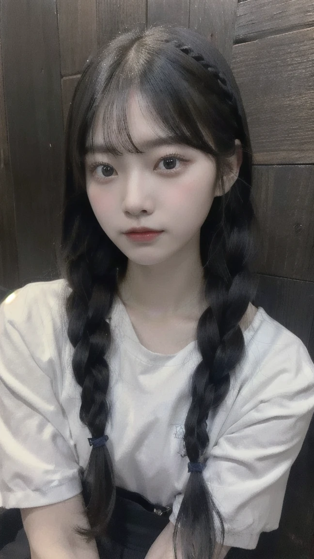 Portrait of a young East Asian girl in a navy blue and white sailor-style . She has long black hair styled in two braids, with straight bangs across her forehead. The girl has large, dark eyes and a small, delicate nose. Her expression is neutral, looking directly at the camera. The background shows a dark blue wooden wall with some green ivy or vine leaves visible to the side. The lighting is soft and natural, creating a slightly moody atmosphere. High-resolution image with sharp focus on the face