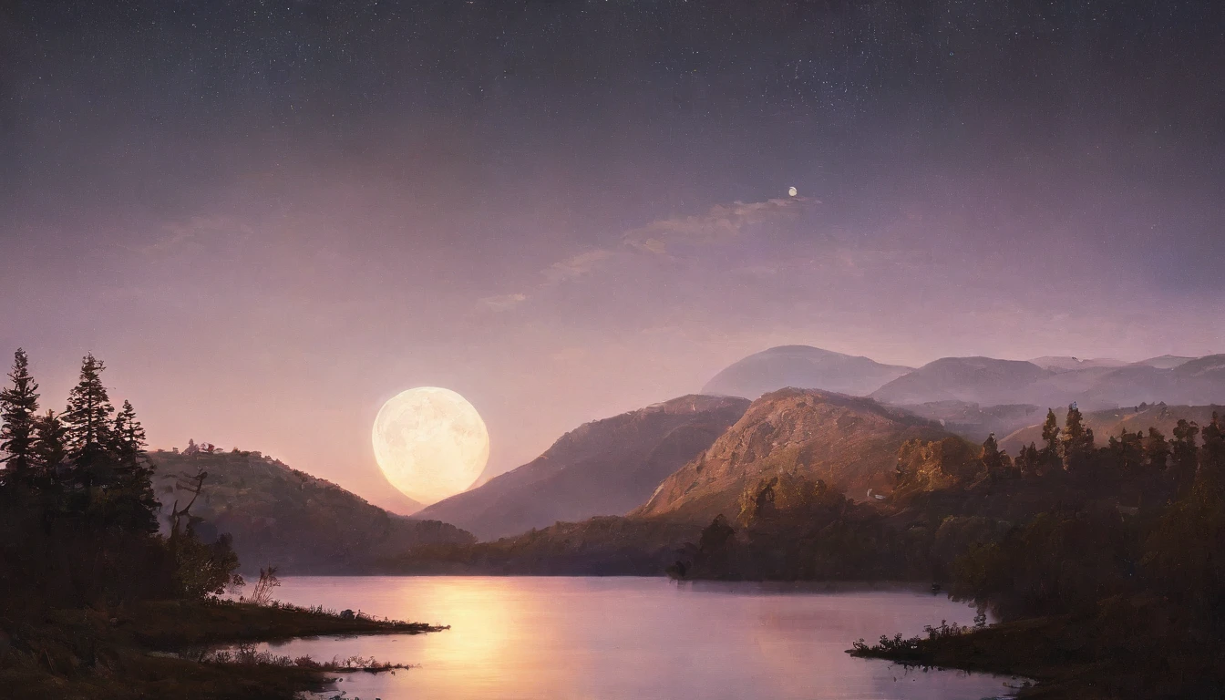 "(best quality, highres), night paysage, moonlit sky, twinkling stars, serene atmosphere, peaceful landscape, dark silhouettes, gentle breeze, distant mountains, calm lake, reflection of moon, soft shadows, mystical ambiance, enchanting view, dreamy colors, surreal scenery, hazy mist, silvery moonlight"