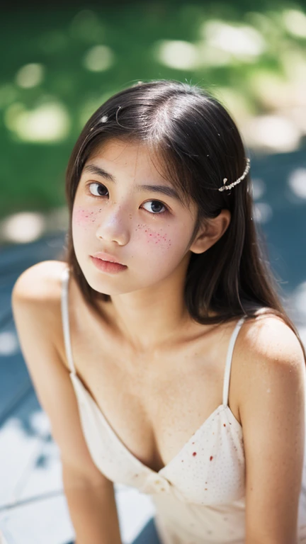 Lens: 135mm f1.8,(highest quality),(Tabletop:1.1), (Beautiful Japanese girl), (Moist lips), Narrow eyes, double eyelid,Delicate clavicle,Flat Chest,Shortcuts,
(Let's take another look), (close:1.4), shame, A faint smile,
(Speckled sunlight:1.2), Dramatic lighting,
(White camisole), (Sunburned skin:0.2),Full body photo