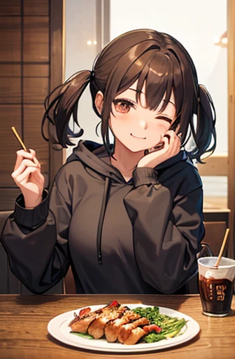 woman(20-year-old), Eating yakitori, Right hand(Holding a grilled chicken), left hand(Placed on the left cheek), clothes(Grey hoodie), brown hair, low twintails, eyes closed, closed mouth, light smile