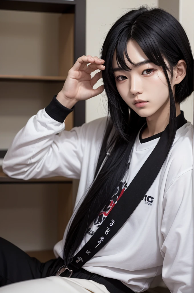 A Korean kpoper who is 18 years old, Bblack hair, black leagwear 