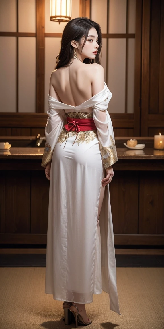 Hyper realistic super detailed sexy woman, expressions faciales sexy, seductive facial expressions, [:(Face detail: 1.4): 0.4], 16K resolution, 4k resolution, (Ventre plat parfait), (image couleur), big round ass, bubble ass, from behind, BREAK I. Outfit: Exquisite and alluring, a sleek kimono-inspired dress with a daring thigh-high slit, intricate floral embroidery, and a plunging neckline. Elaborate obi belt adorned with traditional Japanese symbols. Strappy high-heeled sandals with hints of silver and gold. Delicate silver jewelry with samurai motifs. Bottomless, anus

II. Venue: Serene garden with cherry blossoms, a tranquil koi pond, and a pagoda. Soft lanterns casting a warm glow. Bamboo archways covered in silk drapes. Incense burning, filling the air with a subtle fragrance. Mystical mist wafting around, creating an ethereal ambiance.

III. Decoration: Subdued lighting in shades of red and gold. Minimalist yet elegant furniture with a touch of traditional Japanese design. Silk curtains with intricate patterns of dragons and sakura flowers. Mirrors embellished with samurai motifs. Fragrant candles scented with sandalwood and jasmine. BREAK, looking at viewer, masterpiece, best quality, highly detailed, desire, blush, (Beautiful and detailed eyes description), (beautiful and detailed face), Perfect female body, (Best Quality), (ultra-detailliert), (masuter piece), (hight resolution), (Original), (the Extremely Detailed CG Unity 8K Wallpapers)