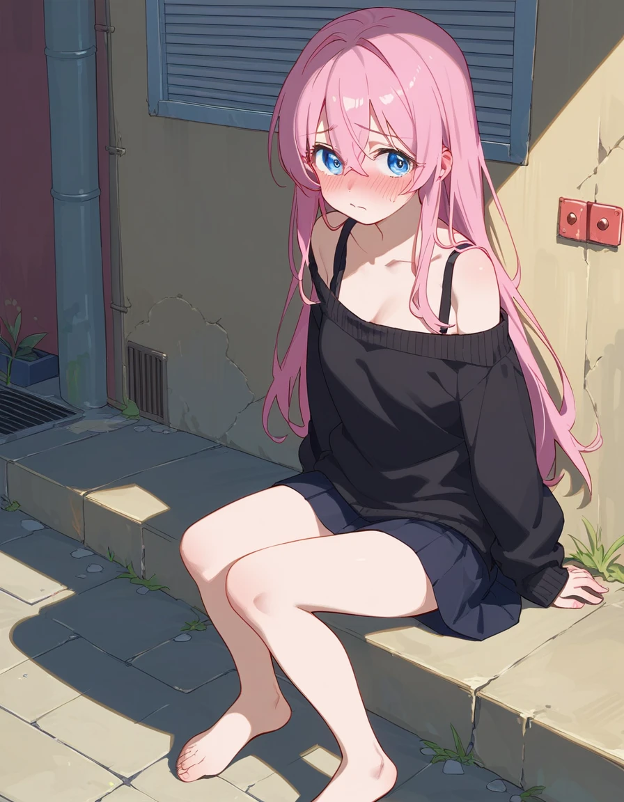 One girl, Shikimori-san, Pink Hair, Long Hair, blue eyes, Hair between the eyes, bangs, blush, compensate,Embarrassing,chest, Black sweater, Bare shoulders, No sleeve, skirt, View your viewers,Bare Belly,Sit with your feet together,masterpiece, Highest quality,nsfw,Alley,男にchestを揉まれる,