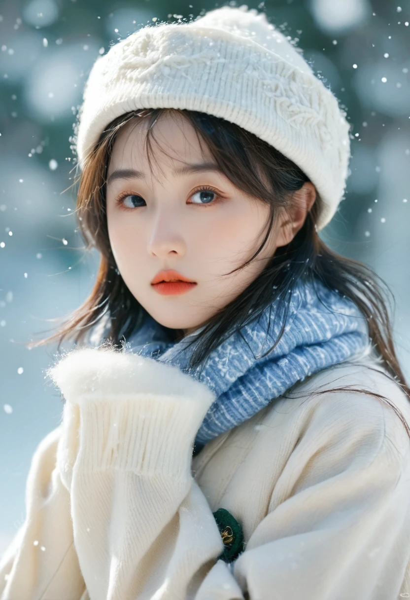 Urzan-6500-v1.1, (RAW Photos:1.2), (Realistic:1.4), Beautiful detailed girl, Very detailed eyes and face, Beautiful attention to detail, Ridiculous, incredibly Ridiculous, Large file size, Very detailedな, High resolution, Very detailed, Highest quality, masterpiece, Kemomimi, ((Japanese girl in winter wear and beanie)), figure, Very detailed, CG, Unified, 8k wallpaper, wonderful, Fine details, masterpiece, Highest quality, Very detailed CG uniform 8k wallpaper, Light on the face, Cinema Lighting, One girl, 16 years old, ((Dynamic pose)), Winter background with snow,