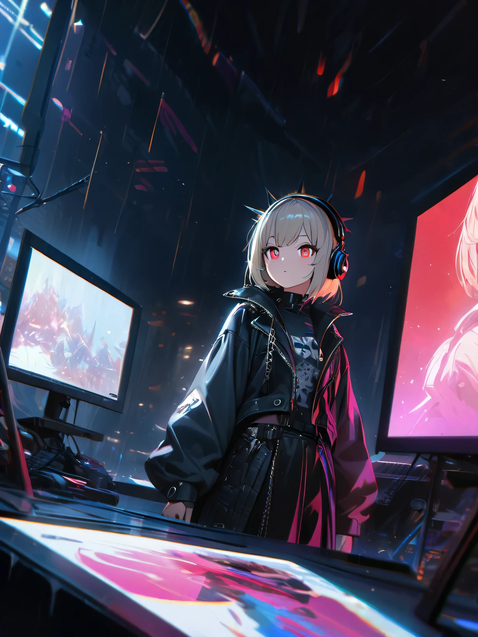 1 Girl, chromatic aberration, Written boundary depth, Soft Light, masterpiece, Highest quality, complicated, Tone Mapping, Very detailed, Art Station, Concept Art, Smooth, Clear focus, Dramatic lighting, Very detailed artwork, movie, super practical painting, Art Station's trending, 8K, Incredible Shadows, practical, (Very detailed background:1.0), whole body, View, Viewers, Very detailed portrait of one girl 1, standing on street corner, Heavy rain and lightning、Dark Sky, neon and cyber punk background, she is dressed in punk clothing with silver chains and silver spikes, Her hair was dyed light brown.....,The middle part is black, She is wearing headphones, Detailed red eyes with clear pupils, Ominous aura of light, The face that happened, punk, ciber punk, Backlight.Fashionable clothes、No knowledge of horses'tail、Dress code: casual,Her hair is stylishly styled.