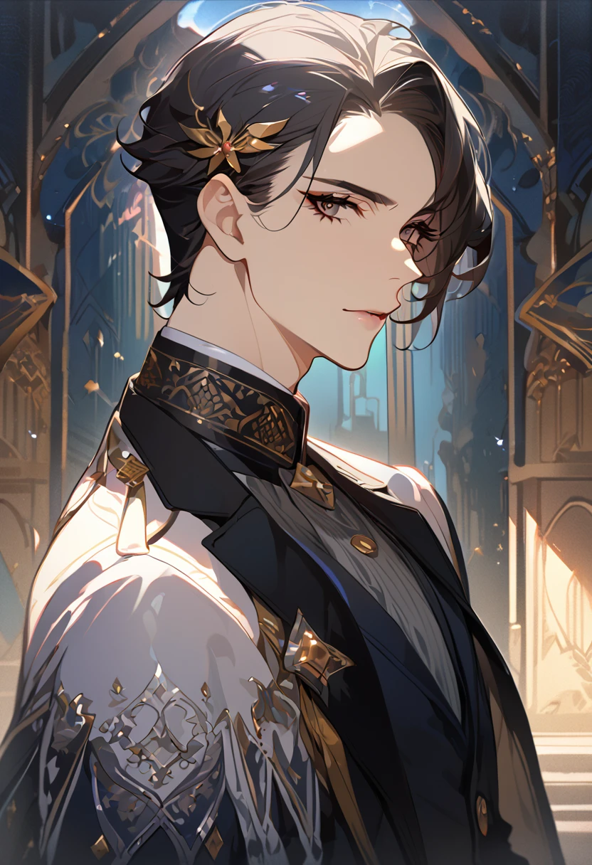 masterpiece, best quality, 8k ,4k , 1 male, elf, long ears elf, dark grayish hair, dark greenish eyes, hair ornament, finely detailed eyes and detailed face, looking at viewer, from side, meticulous clothes, formal clothes, combination of white and black coat, half cape by the shoulders, patterned clothes, majestic looks, sharp looks, shadows, inspired by Asukaziye artist : ask, art style : ask