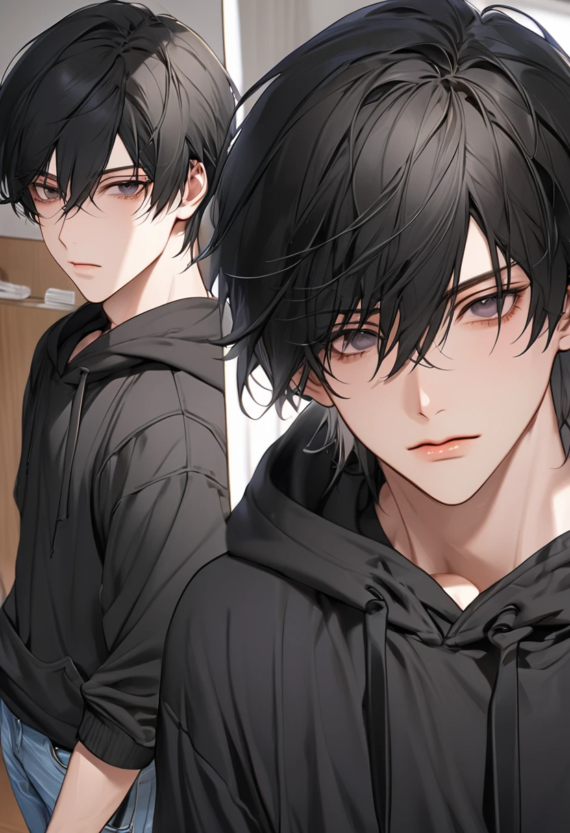 A highschool boy, handsome, perfect body, black hair, short hair, mullet, black eyes, upturned eyes, expressionless, black hoodies, anime, first-person view, masterpiece, anatomically correct, high details, highres, best quality, super detail