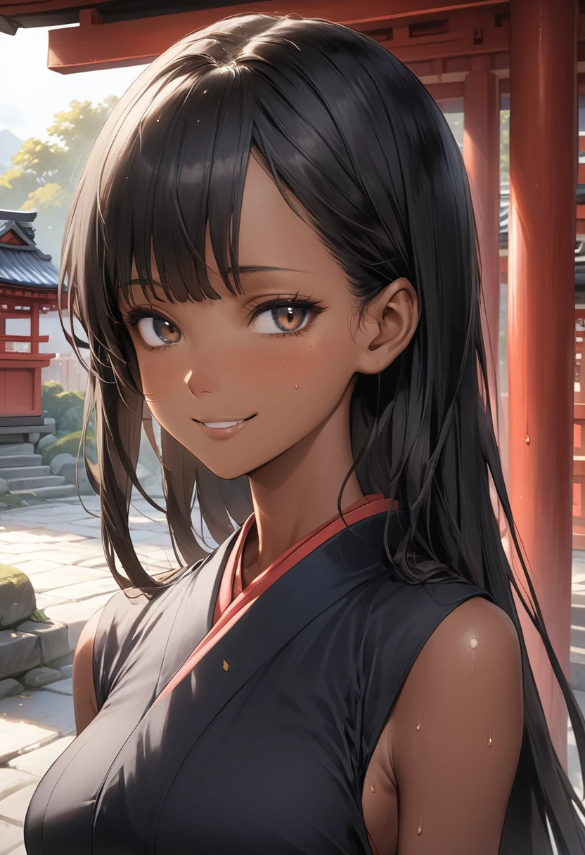 (masterpiece,Highest quality:1.3,best quality illustration),cowboy shot,1woman,25 year old Japanese beauty、black hair,long hair,bangs,black eyes,almond eyes,((very small head:1.3)),shy,smile,((very long body:1.2)),medium breasts,(tan skin, gleaming skin,toned body,slender body, skinny),sweat,(Black kimono、Black Hakama),standing,shrine、
