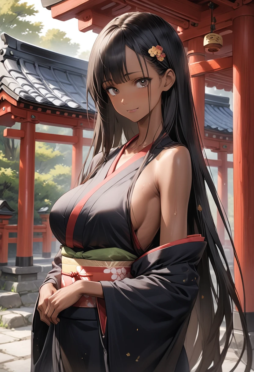 (masterpiece,Highest quality:1.3,best quality illustration),cowboy shot,1woman,(Mature Japan beauties)、black hair,long hair,bangs,black eyes,almond eyes,((very small head:1.3)),shy,smile,((very long body:1.2)),medium breasts,(tan skin, gleaming skin,toned body,slender body, skinny),sweat,(Black kimono、Black Hakama),standing,shrine、