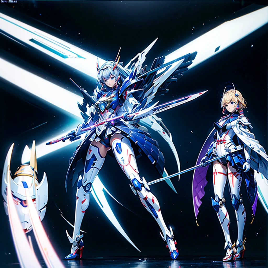 masterpiece, high quality, During the surgery to convert the machine、Heian Sumire, who has been turned into a mechanical body cyborg、Surgery to convert to a gynoid cyborg body with exposed mechanical parts、Blue and white leotard-type mechanical armor、The whole body from the neck down is precision-machined.、Single image、Full-body shot from the front