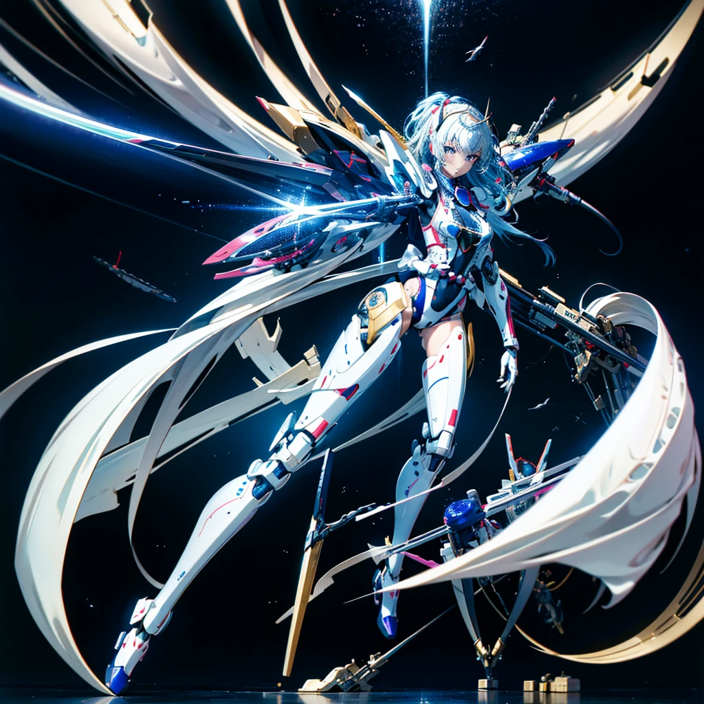 masterpiece, high quality, Heian Sumire, who has been turned into a mechanical body cyborg、Gynoid cyborg body modification surgery、Blue and white leotard armor、独奏、Single image、from front, full body、Mechabare、Sexual processing type mechanized genitals、Black background