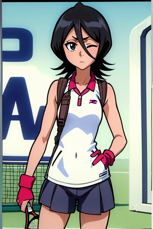 tennis girl in short pants, wearing oven mittens tucked in pockets, blindfold


