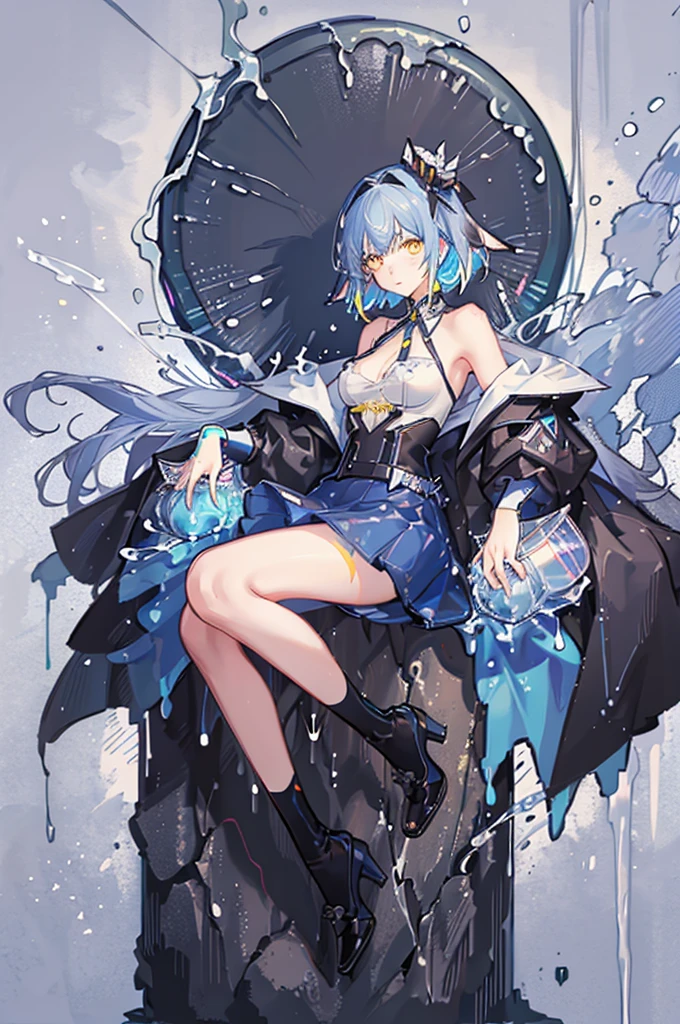 A girl stands on the rooftop of a high-rise building with a panoramic view of late-night Tokyo below.、She has a short bob with a white lob of hair and wears a large black witch hat with sapphire jewelry.、A high school student wearing a navy blue bikini-type swimsuit with a white ribbon、She wears a large witch&#39;s hat with a small sapphire accessory、A few star creams、Beautiful starry sky、Beautiful night view、large witch's hat 、Navy blue bikini pants that dig into your stomach、Small breasts、Small breasts、Navy blue swimsuit top with white frills、I see my stomach、The area around the stomach is bare skin.、Belly button、Halterneck bikini、She is wearing hot pants、She is wearing a long black coat with the front open.