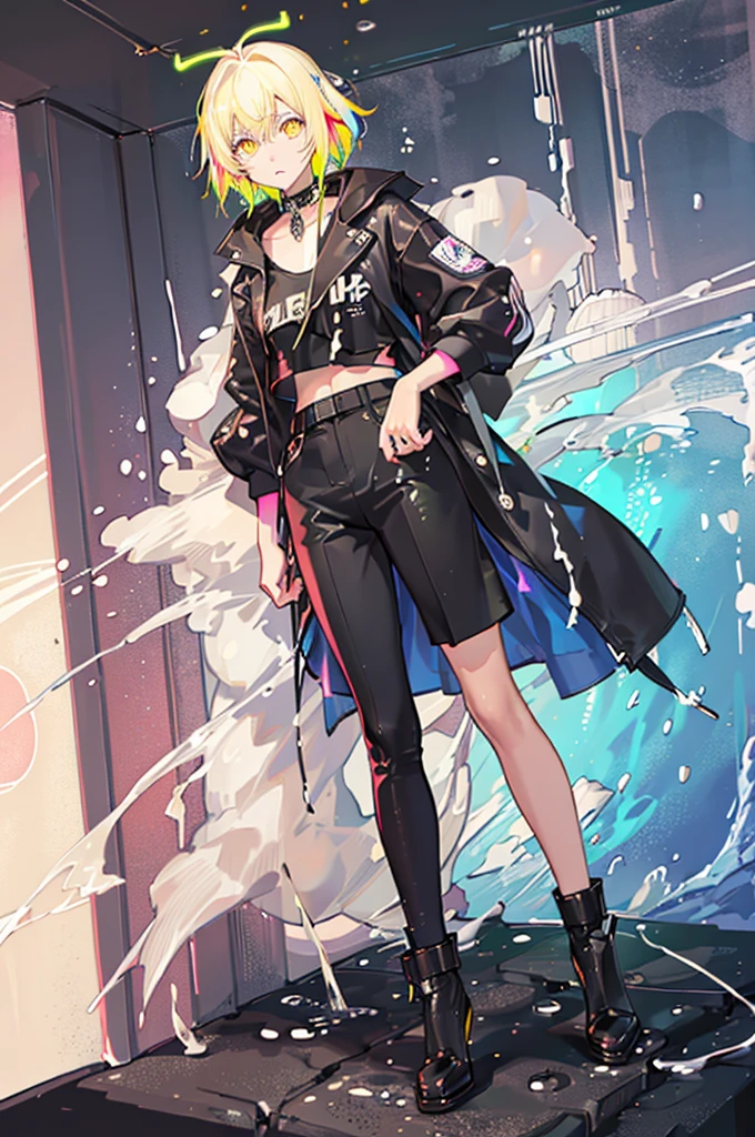 [(Galaxy Background:1.5),::5], ((((masterpiece)))), expensive quality, very_expensive_solve, big_file size, Full Color, ((younger brother)), 13 years old, Short deep blue hair, Bright colors, ((Yellow Eyes)), Folk clothing white, anime, From below the knee to the upper body, (Neon splash soda effect:1.5)