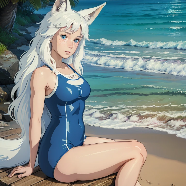 (best quality,4k,8k,highres,masterpiece:1.2), ultra-detailed, realistic:1.37, young solo girl, detailed blue eyes, fox ears,fox tail, freckles, cute, white hair, long wavy hair, portrait, vibrant colors, soft lighting, on the beach, wearing a swimsuit