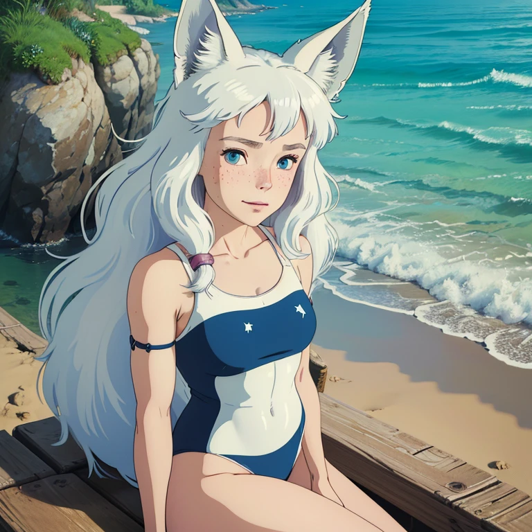 (best quality,4k,8k,highres,masterpiece:1.2), ultra-detailed, realistic:1.37, young solo girl, detailed blue eyes, fox ears,fox tail, freckles, cute, white hair, long wavy hair, portrait, vibrant colors, soft lighting, on the beach, wearing a swimsuit