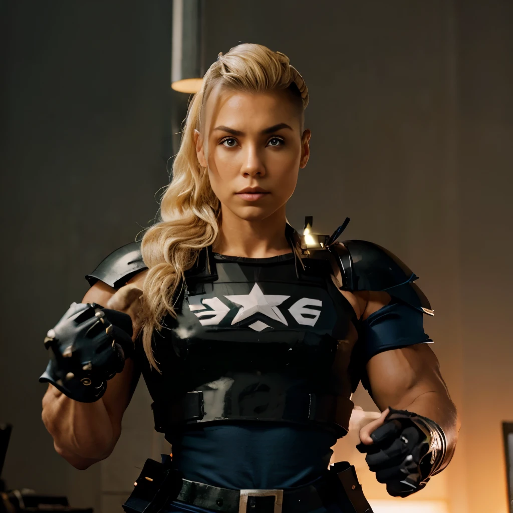 Estel Aguirre, policewoman, muscle, tall, armor.