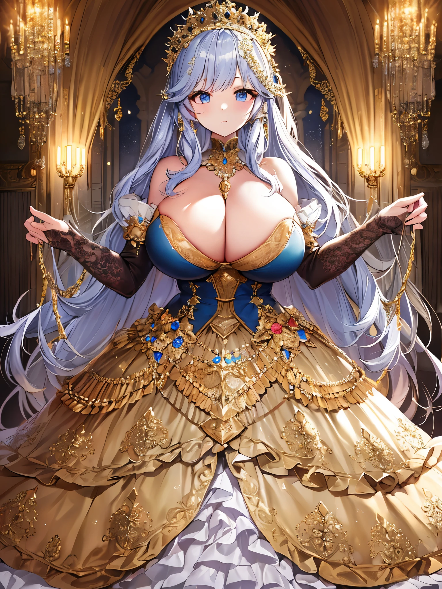 ((moe anime artstyle)),((Masterpiece)),(Best Quality),((Super Detail)),((Very Delicate and Beautiful)),Solo,full body,((full body portrait)),absurdly gigantic tits,(((1 bling-bling princess in beautiful embroidery and jeweled gorgeous rococo ballgown with voluminous full length crinoline hoop skirt))),((((absurdly gigantic tits,curvy)))),deep cleavage,Skindentation,(detailed face and eyes),jewel-like eyes,((crinoline,long train,beautiful embroidery and jeweled lace-trimmed crinoline rococo ballgown with voluminous full length crinoline hoop skirt)),super detailed voluminous gorgeous jeweled rococo ballgown with voluminous full length crinoline hoop skirt,((bling-bling voluminous gorgeous jeweled rococo princess ballgown with voluminous full length crinoline hoop skirt)),((absurdly long Straight hair)),extremely gorgeous hair ornament,((extremely gorgeous big tiara)),luxurious jewelry,((beautiful embroidery and jeweled gorgeous rococo ballgown with voluminous full length crinoline hoop skirt)),((absurdly gigantic tits)),standing pose,Looking at viewer,full body