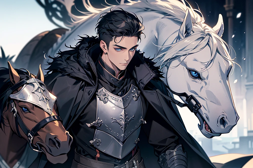 Close-up of a statue of a man on horseback., Full plate of ancient dragon armor, dragon knight, Armor inspired by a demon dragon.,มีชายคนหนึ่งride a horseและมีอัศวินอยู่บนนั้น, Masterpiece, Highest quality, war, Cold Weather, realistic, 1 person, mature man, A quiet and charming young man, 30 years old, ride a horse, Portrait, Highly detailed face, 寒さと smile, ((blue eyes)), ((black short hair)), [Thick eyebrows], holding a crescent repeater,Lipo, ((black long coat)), ((all black)), (blue eyes) ,Short Black Quiff Hair with Soft Fringe, handsome , muscle, Facial expressions, Black Knight Armor , black fur shawl(Masterpiece,best quality,special, (Broad shoulders)) (muscle), male focus,ride a horse,black two handed sword, His black lance rose high., . Describe the man&#39;s appearance., Details of his sword, Characteristics and characteristics of monsters, and convey the tension and power of the encounter.."
