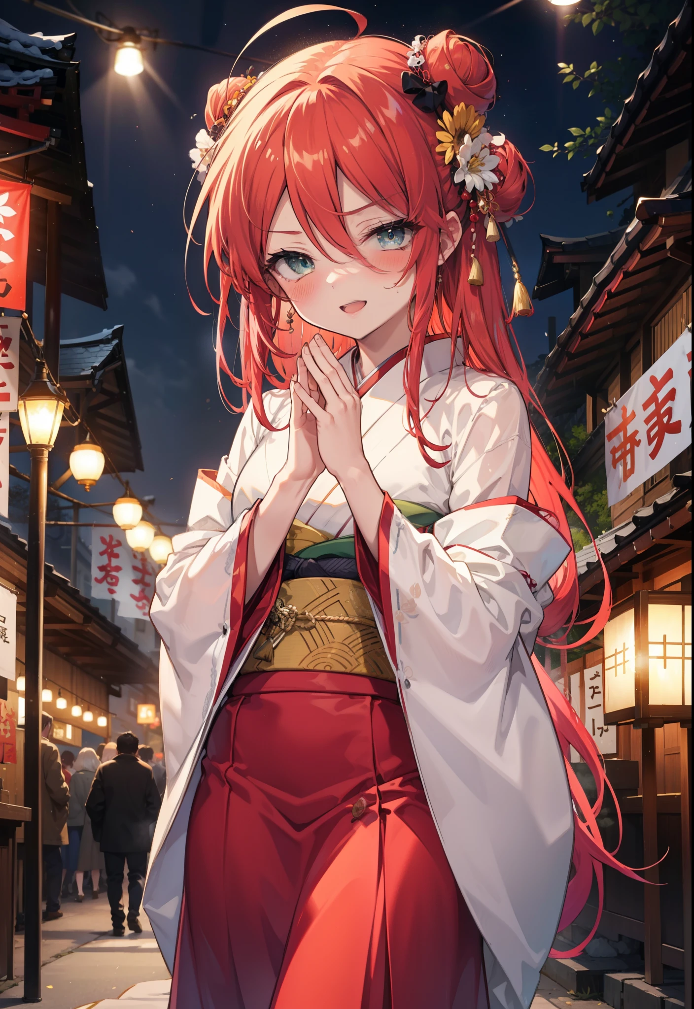 Shana,灼眼のShana,Long Hair, Red hair,Red eyes,Ahoge,smile,blush,Open your mouth,Hair Bun, single Hair Bun,blush,Red Kimono,Thick sleeves,Red long skirt,日本のfestival,夏festivalの屋台,Red lantern,So that the whole body goes into the illustration,Walking, break looking at viewer, Upper Body (Cowboy Shot:1. 5), break outdoors, shrine,festival, break (masterpiece:1.2), Highest quality, High resolution, unity 8k wallpaper, (shape:0.8), (Beautiful and beautiful eyes:1.6), Highly detailed face, Perfect lighting, Highly detailed CG, (Perfect hands, Perfect Anatomy),