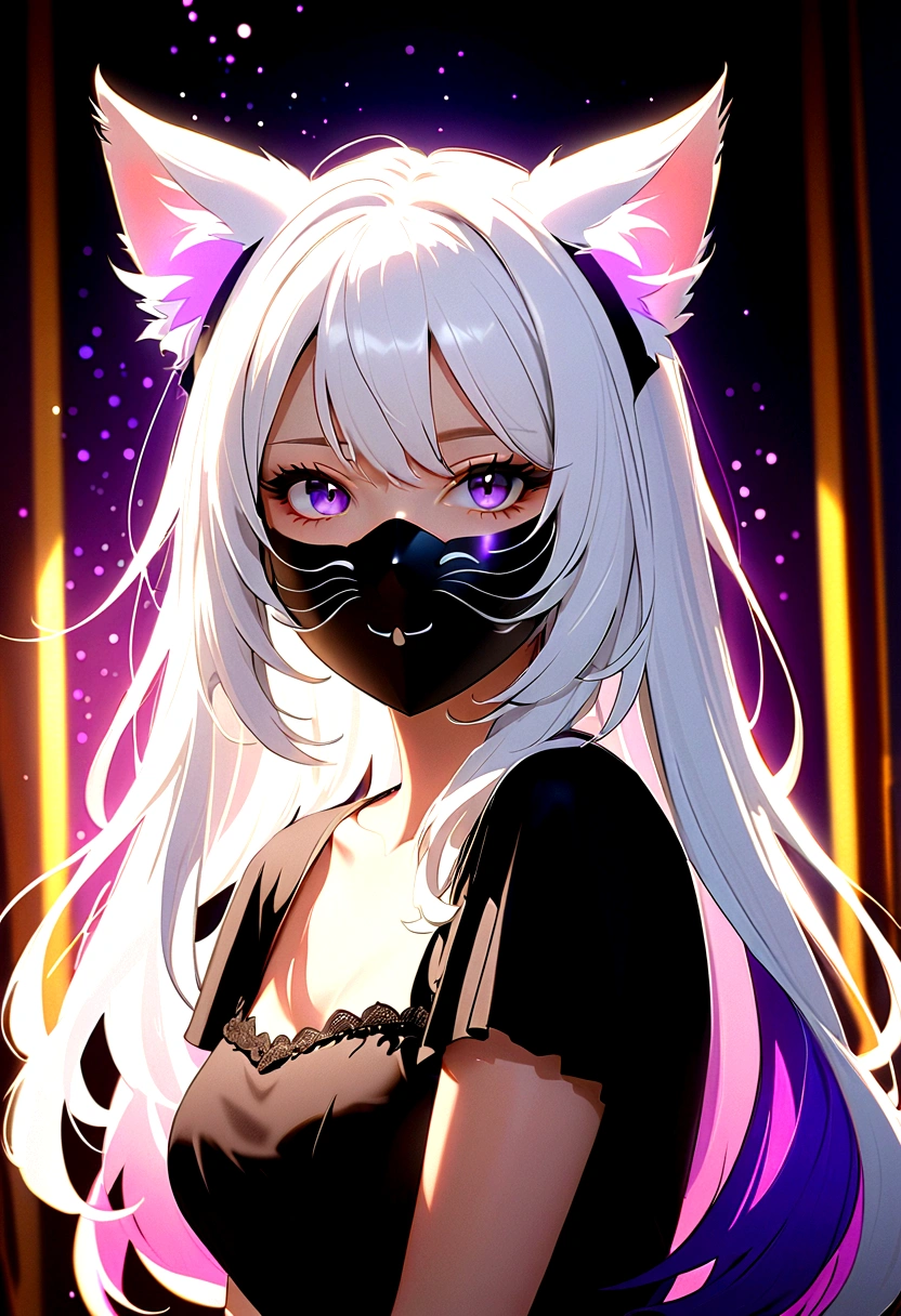 1 Girl, White hair, Colorful hair, Purple Eyes, mask, Side Light, Light Particles, Cat ears